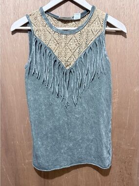gimmicks by BKE Sage Green Tank with Cream Crochet Yoke & Fringe Trim